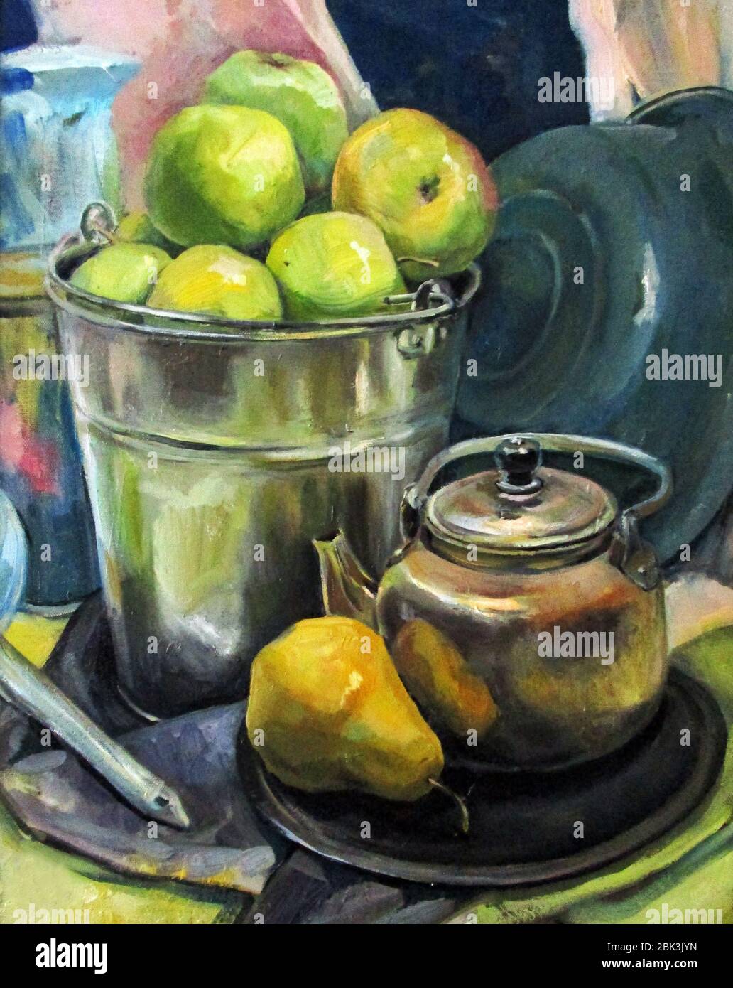 Apples in bucket. Hand drawn oil painting illustration. Stock Photo