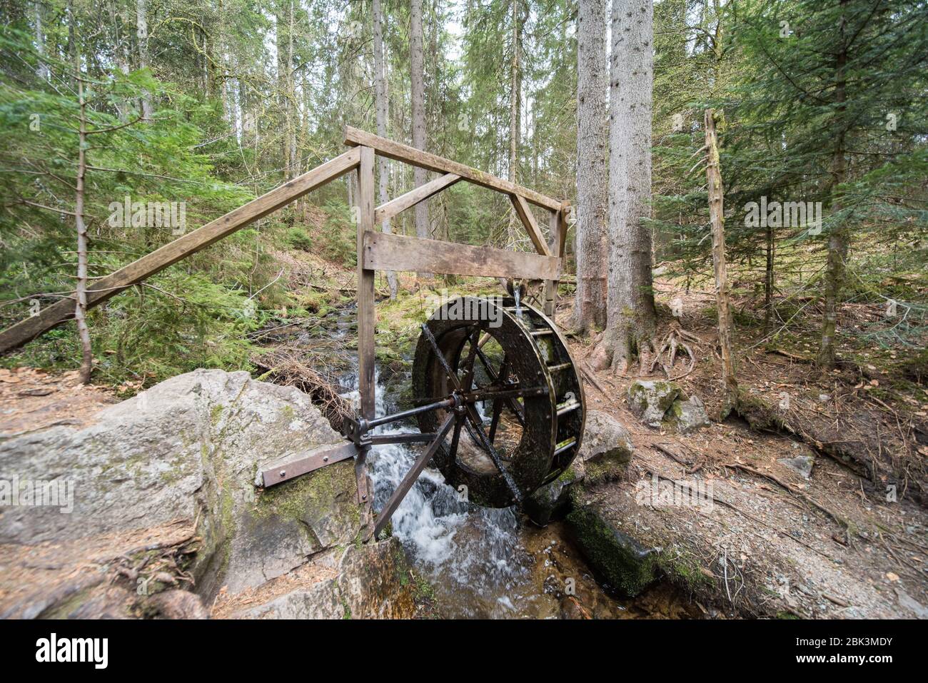 water wheel in the forest in germany. Stock Photo
