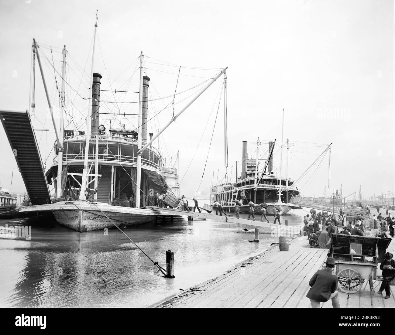 Loading Steamers during High Water, New Orleans, Louisiana, USA, Detroit Publishing Company, March 1903 Stock Photo