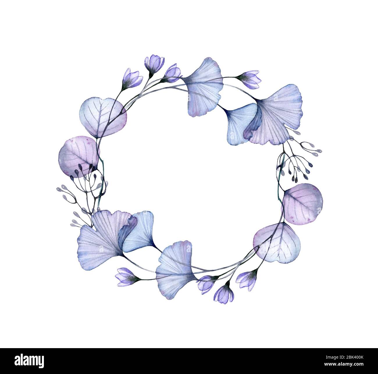Watercolor Floral Wreath Blue Branches Flowers And Leaves Round Design Element Transparent Detailed Foliage Isolated On White Realistic Botanical Stock Photo Alamy