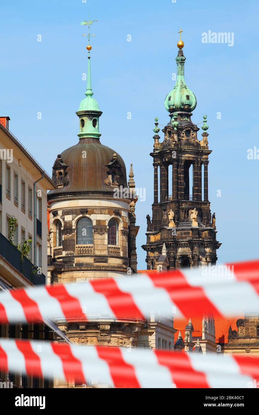 Dresden, Germany. Closed city center with warning tape. Empty historical european sightseeing Stock Photo