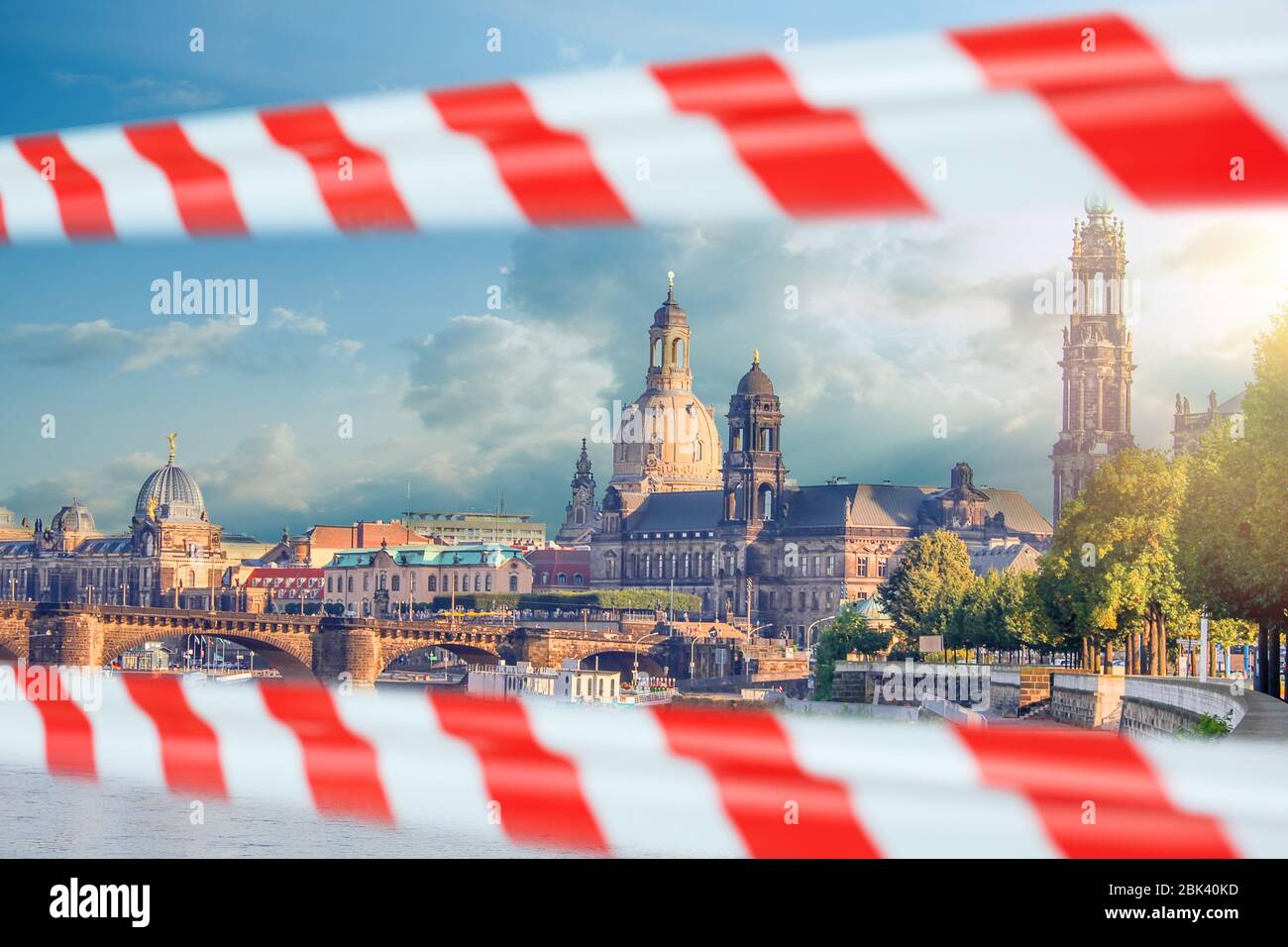 Empty Dresden, Saxony, Germany with warning tape. Closed historical european sightseeing Stock Photo