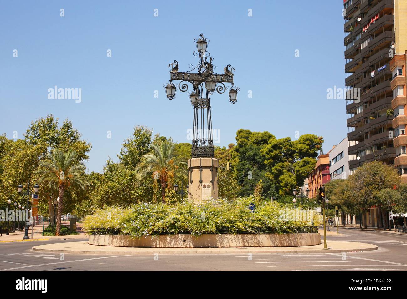 One of the city’s emblems is this intricately designed street lamp, La Farola. It was created in 1929, Castellon de la Plana, Valencia Province, Spain Stock Photo