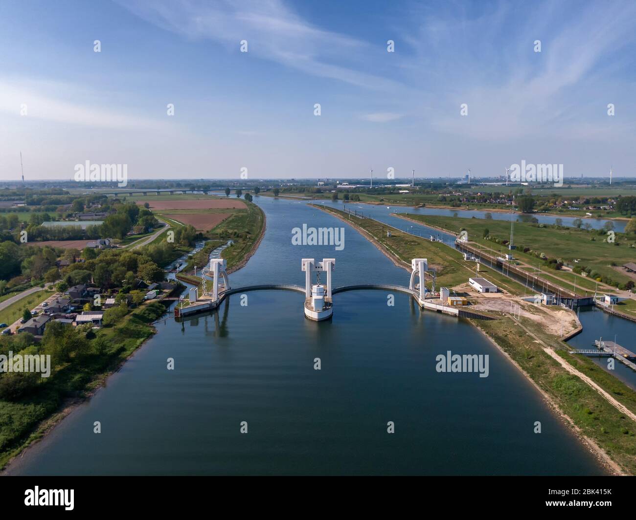 Aerial view on water sluice complex in the Lek river in the Netherlands Stock Photo