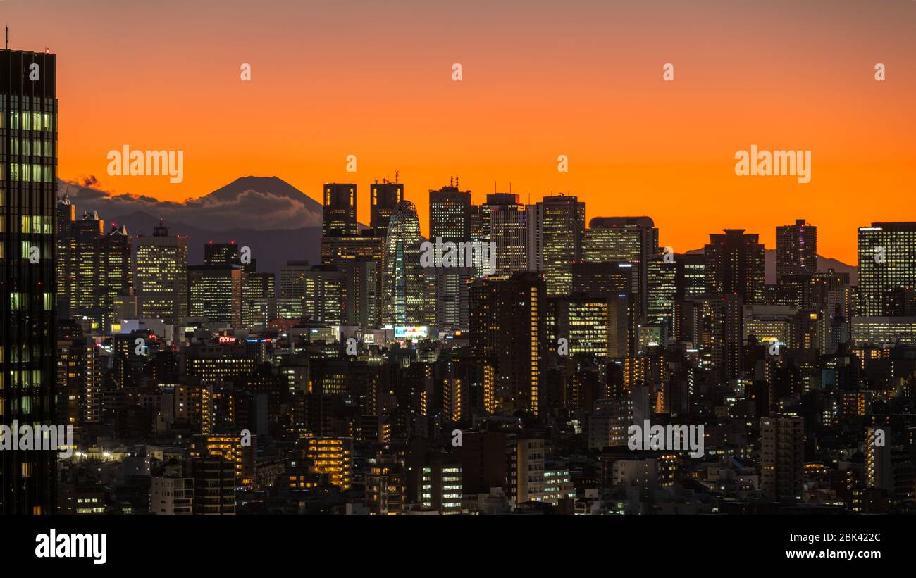 Tokyo Sunset towards Mount Fuji from Bunkyo. Japan Stock Photo