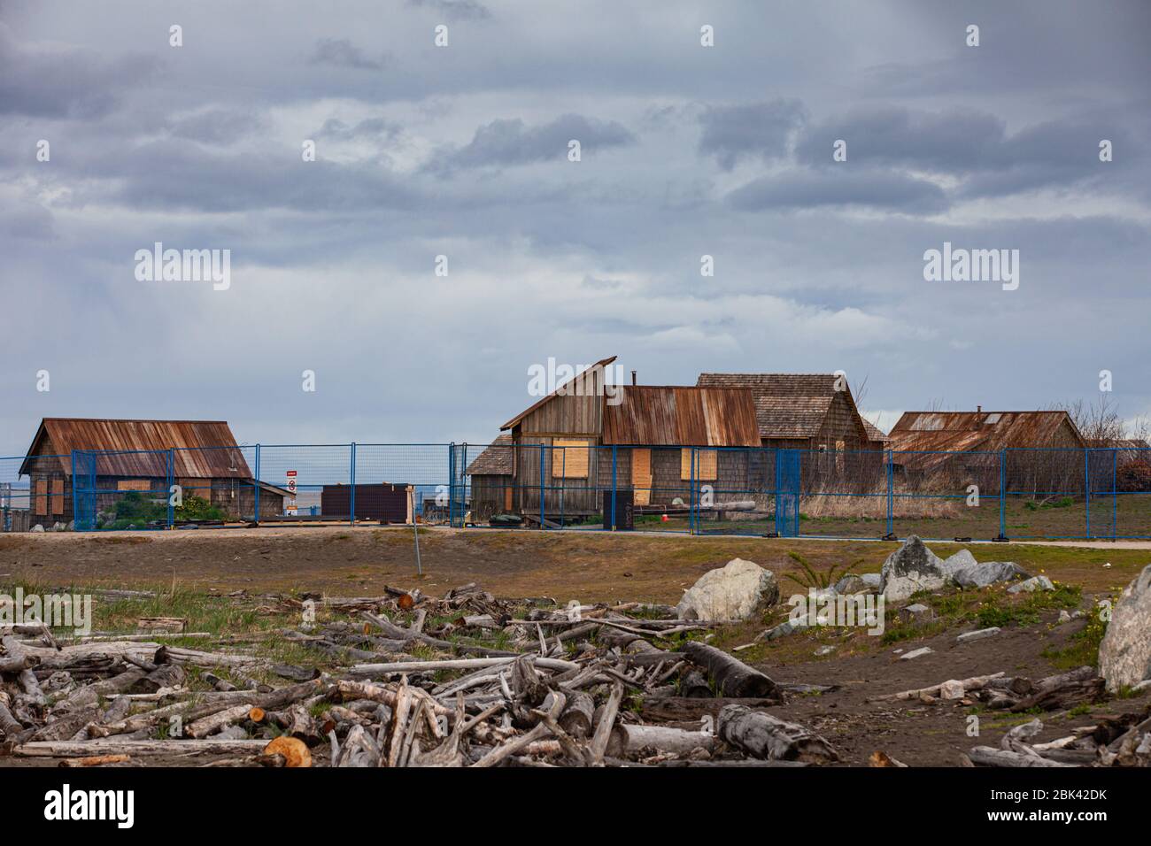 Film set fishing village constructed by Netflix at Gary Point Park in Richmond British Columbia now boarded up and closed during COVID 19 pandemic Stock Photo