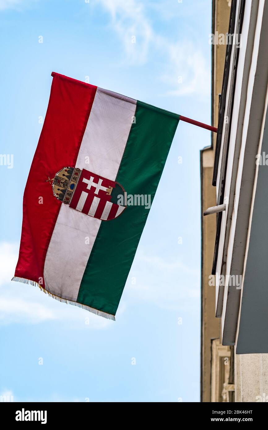 State flag of Hungary with the coat of arms in Budapest, Hungary Stock Photo