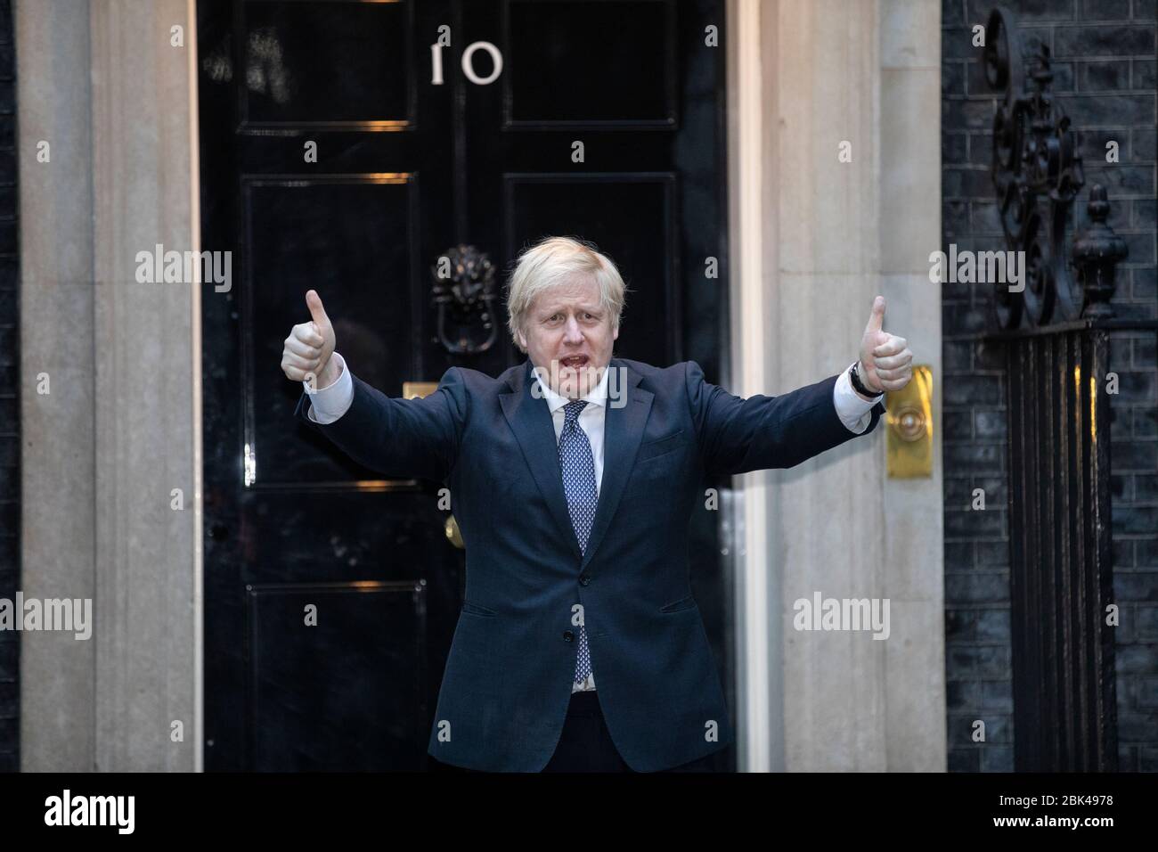 London, UK. 30th Apr 2020. London, UK. 30th Apr 2020. UK Prime Minister Boris Johnson takes part in this weeks 'Clap for our Carers' on the steps of No.10 Downing Street in a week that his fiancée Carrie Symonds gave birth to their baby son in a London NHS hospital. 30th April 2020. Downing Street, London, UK Credit: Jeff Gilbert/Alamy Live News Stock Photo