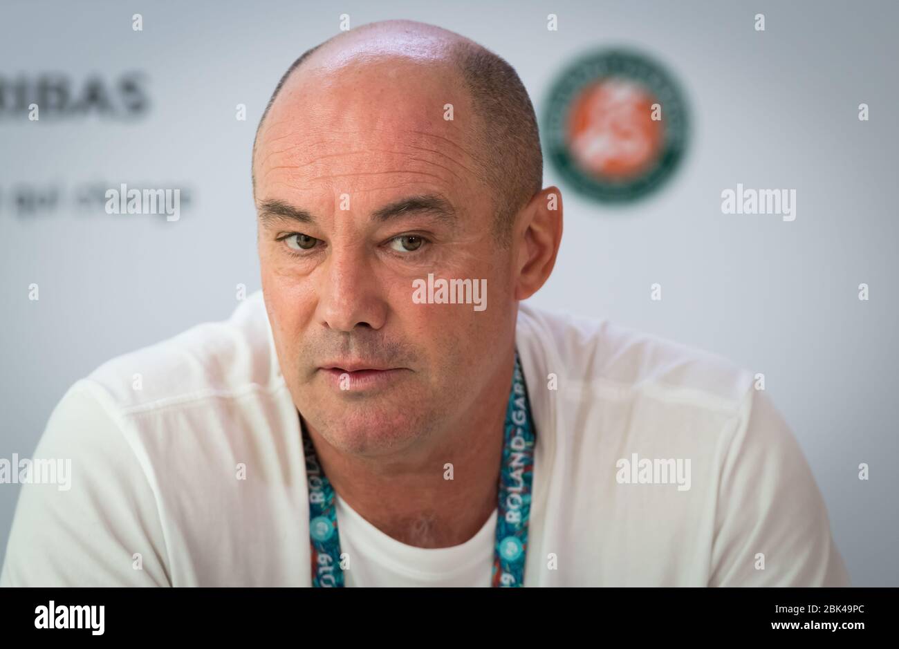 Daniel Dobre, coach of Simona Halep, talks to the media at the 2019 Roland  Garros Grand Slam tennis tournament Stock Photo - Alamy
