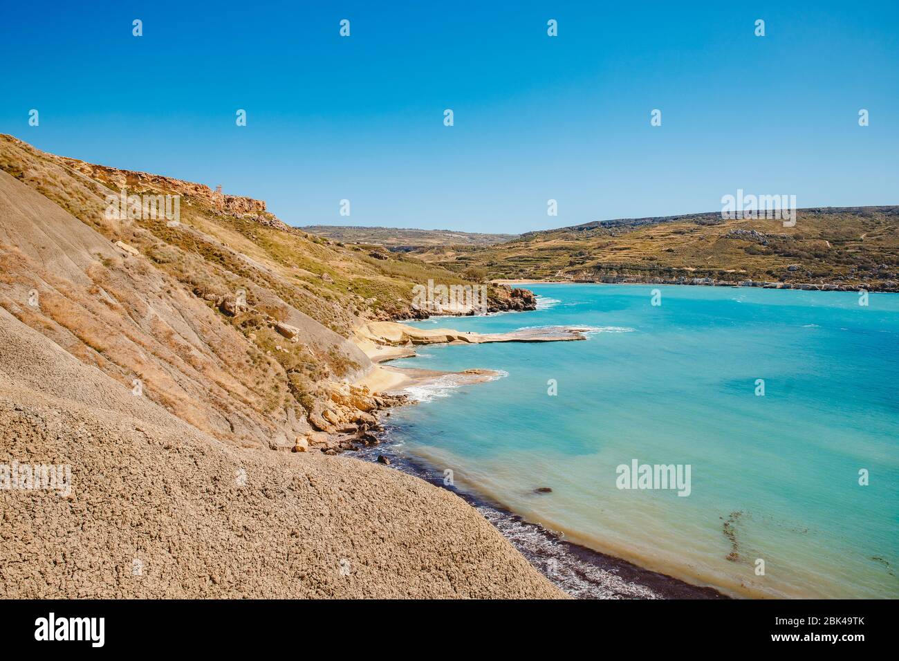 Golden Bay Malta summer tourist resort beach azure water sea, . Concept ...