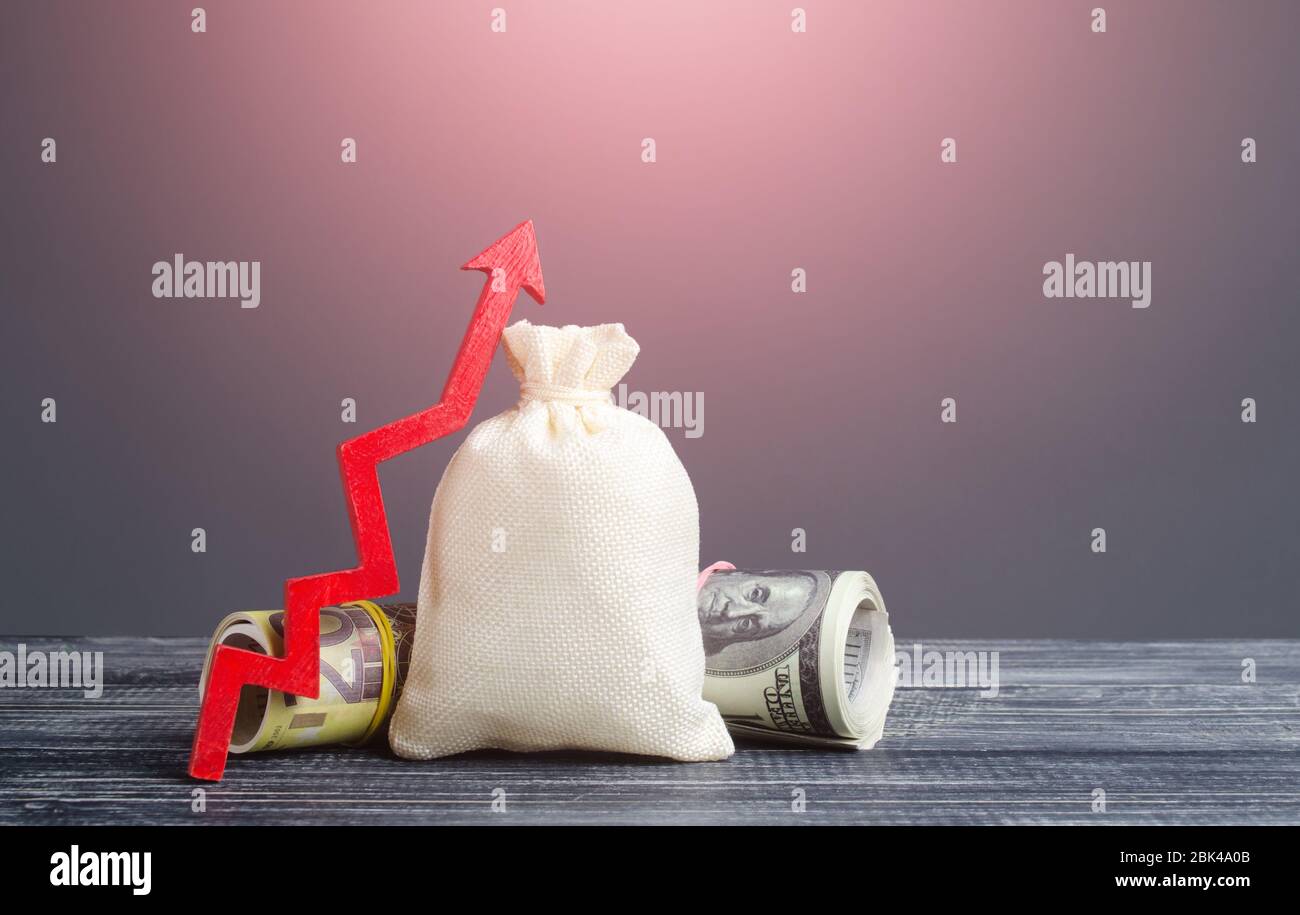 Blank clear money bag and red arrow up. Influx of investment and capital, increase of wealth. E Market stability. Rising inflation. conomic recovery a Stock Photo