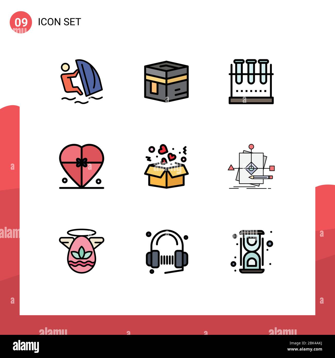 Group of 9 Filledline Flat Colors Signs and Symbols for heart, box, mecca, test tube, lab flask Editable Vector Design Elements Stock Vector
