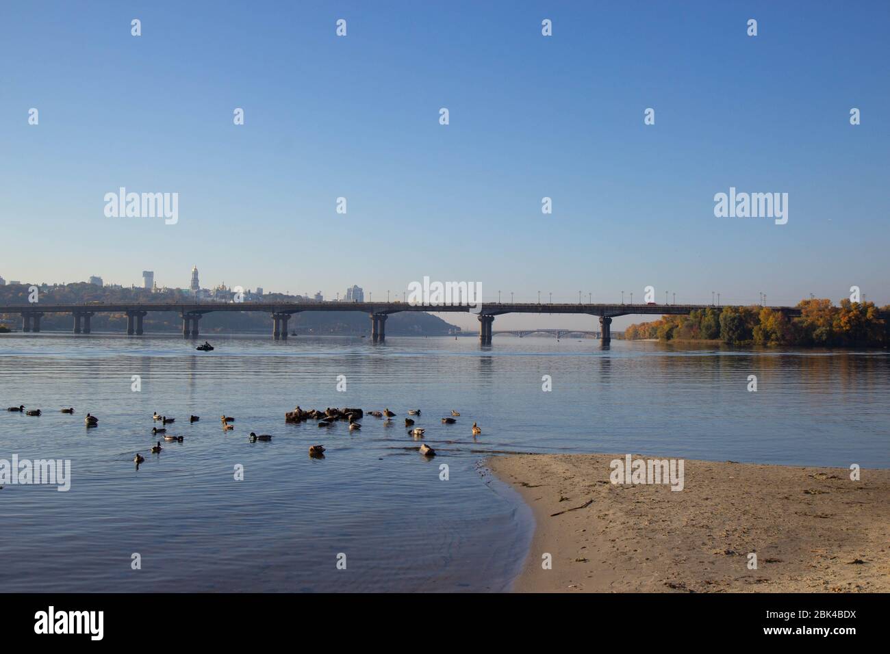 view towards the right bank of Dnieper river From Dniprovska Embankment, Kyiv Stock Photo