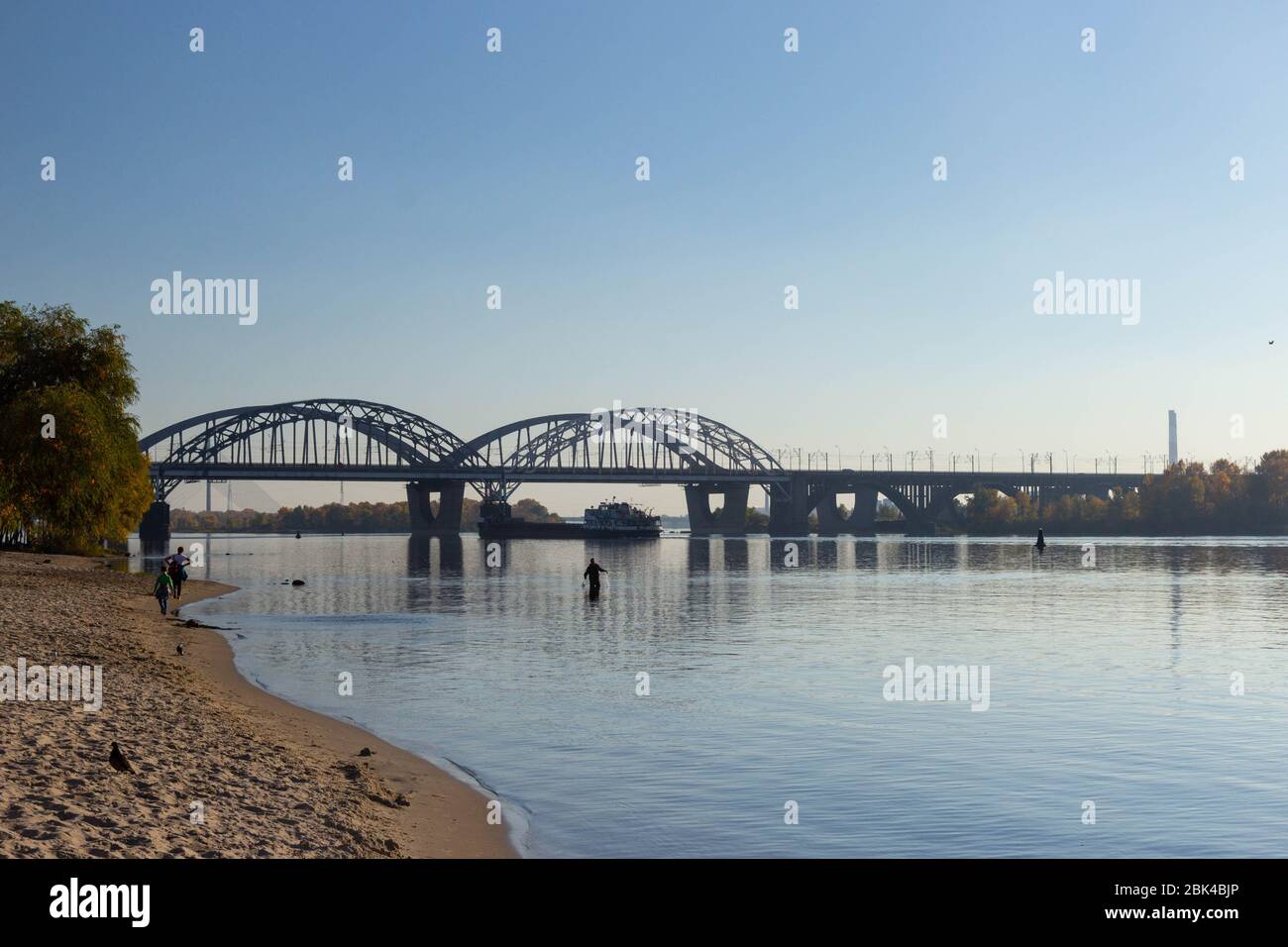 view towards the right bank of Dnieper river From Dniprovska Embankment, Kyiv Stock Photo