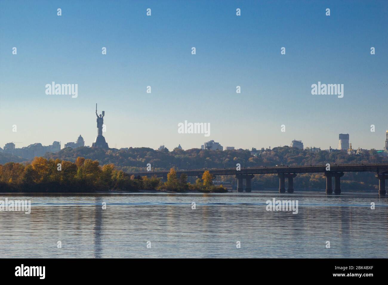 view towards the right bank of Dnieper river From Dniprovska Embankment, Kyiv Stock Photo