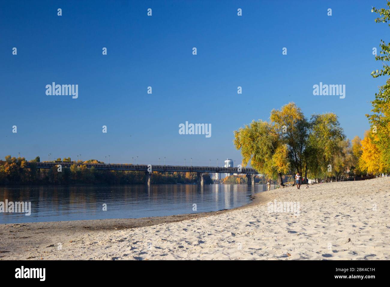 view of bereznyaky beach in a sunny autumn day, Kyiv Stock Photo