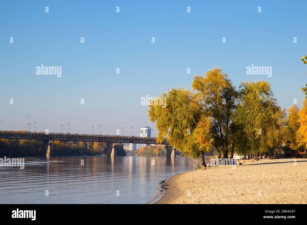 view towards the right bank of Dnieper river From Dniprovska Embankment, Kyiv Stock Photo