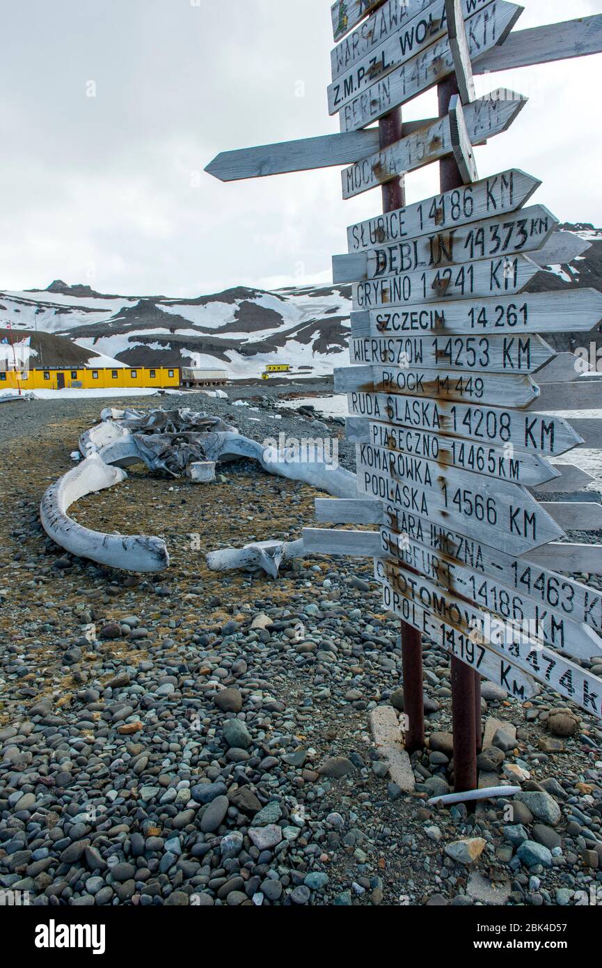 Signpost at the Polish research station Henryk Arctowski (PolishPolska