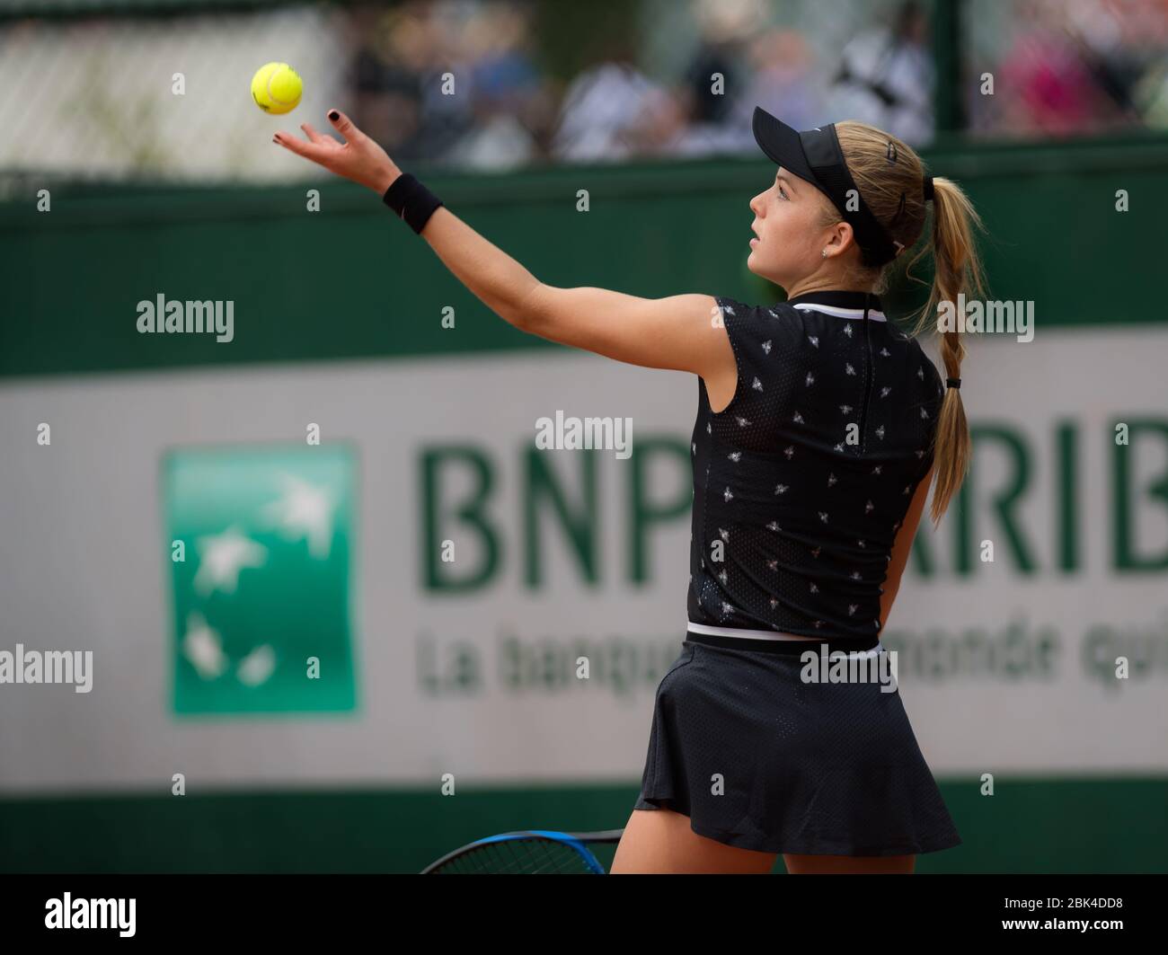 Katie Swan of Great Britain in action during the second qualifications round at the 2019 Roland Garros Grand Slam tennis tournament Stock Photo