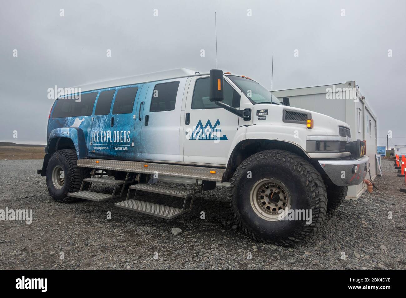 A massive Ice Explorers special Build Chevrolet Kodiak (C5500) vehicle in Iceland. Stock Photo