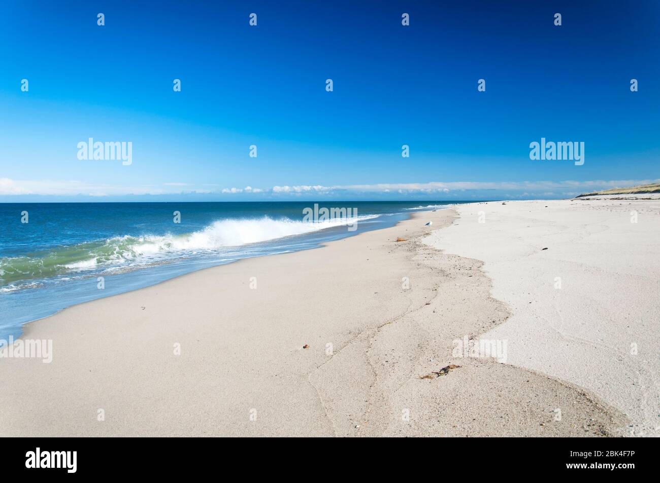 waves crashing onto a beach within the cape cod national seashore in massachusetts on a sunny blue sky day. Stock Photo