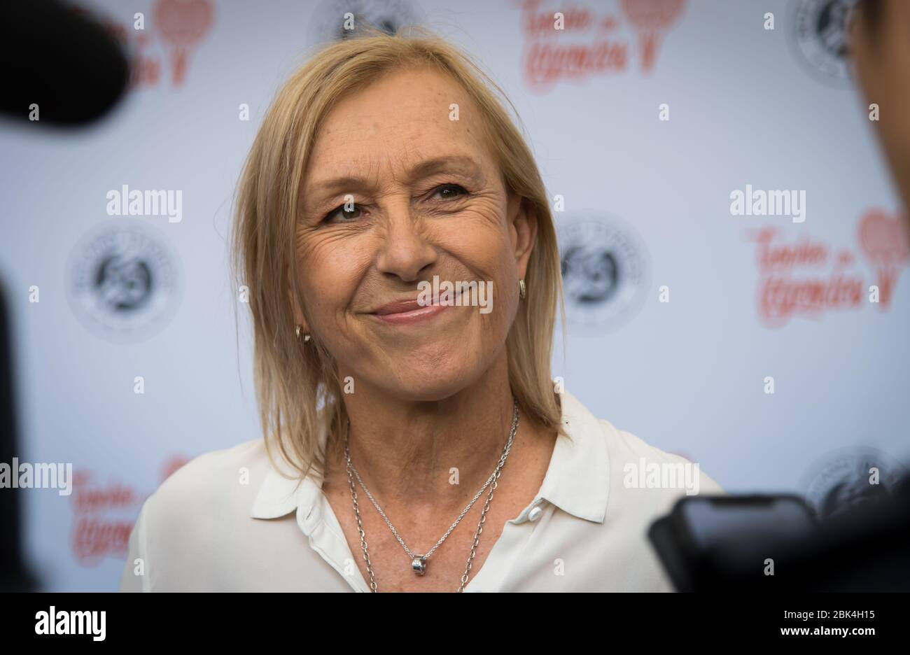 Martina Navratilova talks to the media ahead of the Legends Trophy at