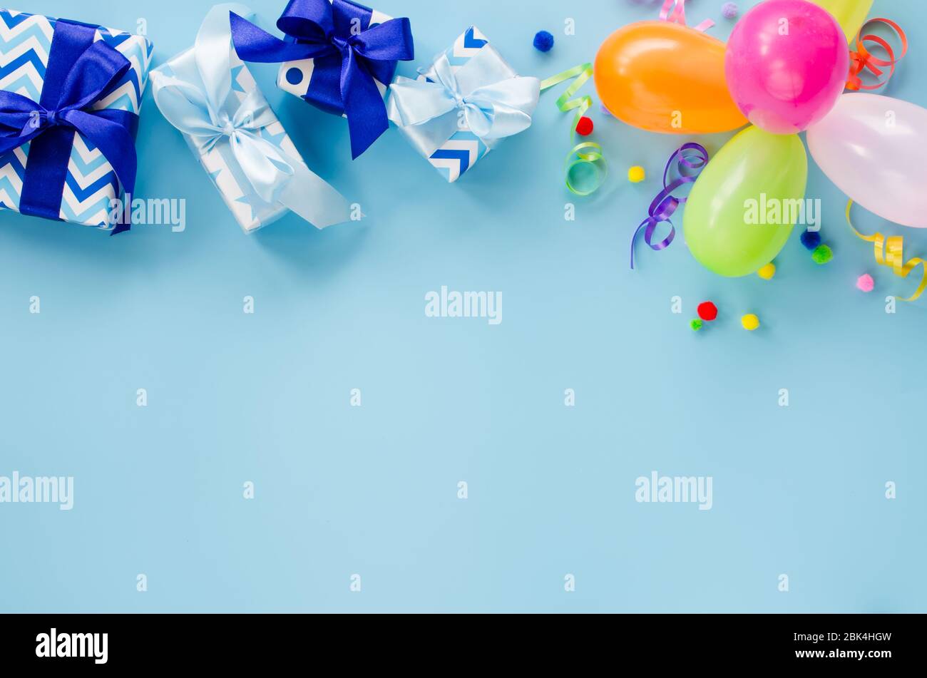 Download Party Or Birthday Blue Background Holiday Mockup Greeting Card With Copy Space Frame With Colorful Balloon Gift Boxes And Serpentine Top View Fl Stock Photo Alamy