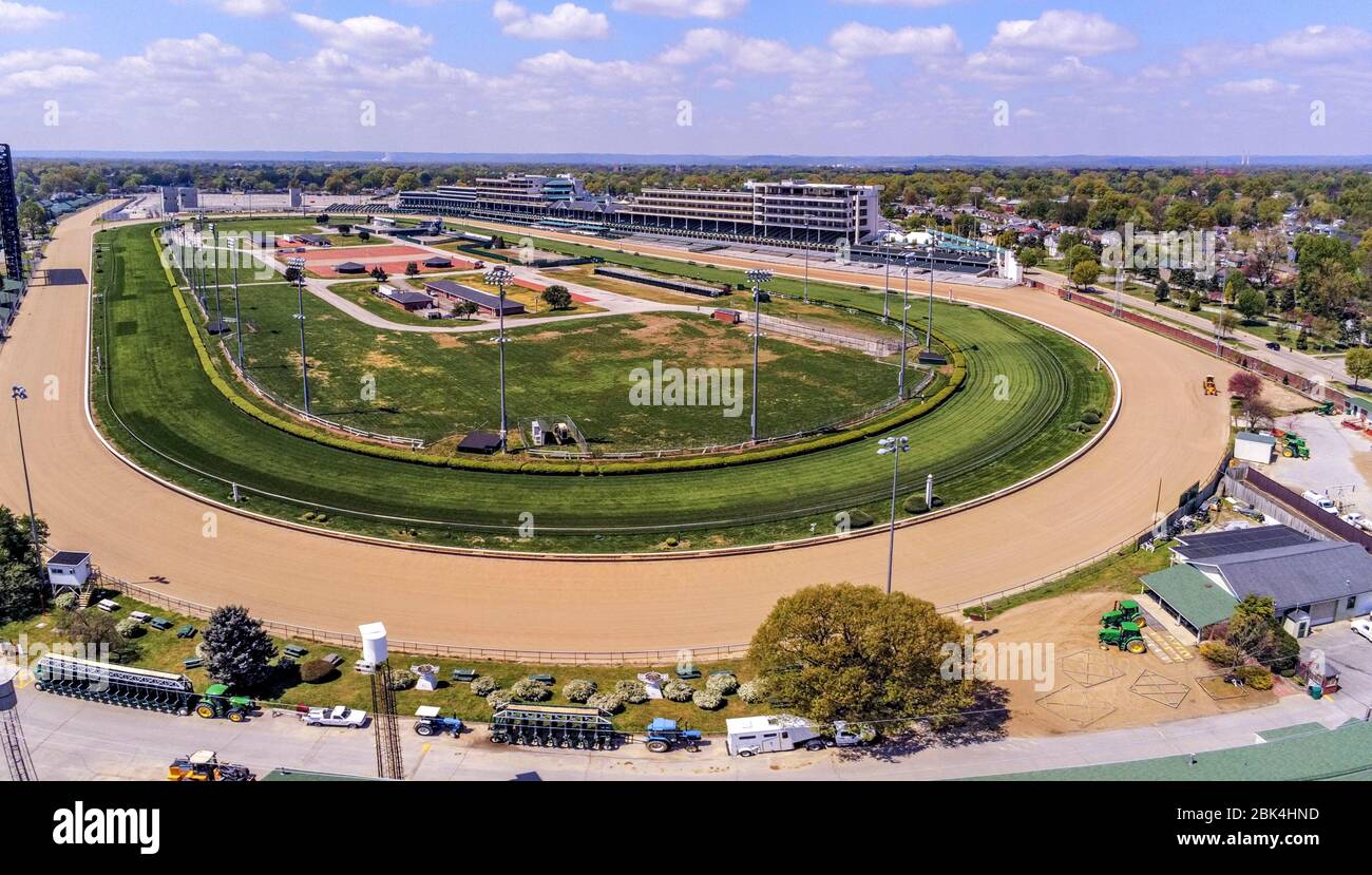 Aerial view of Churchill Downs closed during originally scheduled Derby Week due to the Novel Coronavirus aka COVID-19 on April 18, 2020 in Louisville, Kentucky. Stock Photo