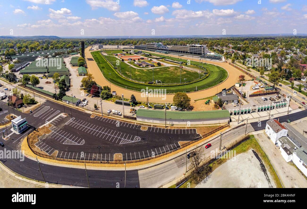 Aerial view of Churchill Downs closed during originally scheduled Derby Week due to the Novel Coronavirus aka COVID-19 on April 18, 2020 in Louisville, Kentucky. Stock Photo
