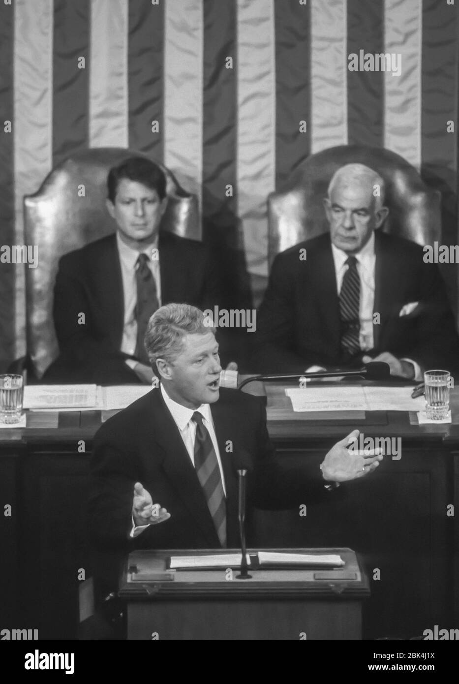 WASHINGTON, DC, USA - SEPTEMBER 22, 1993: President Bill Clinton speaks before joint session of Congress on health care. Behind him are V-P Al Gore, left, and Speaker Tom Foley. Stock Photo
