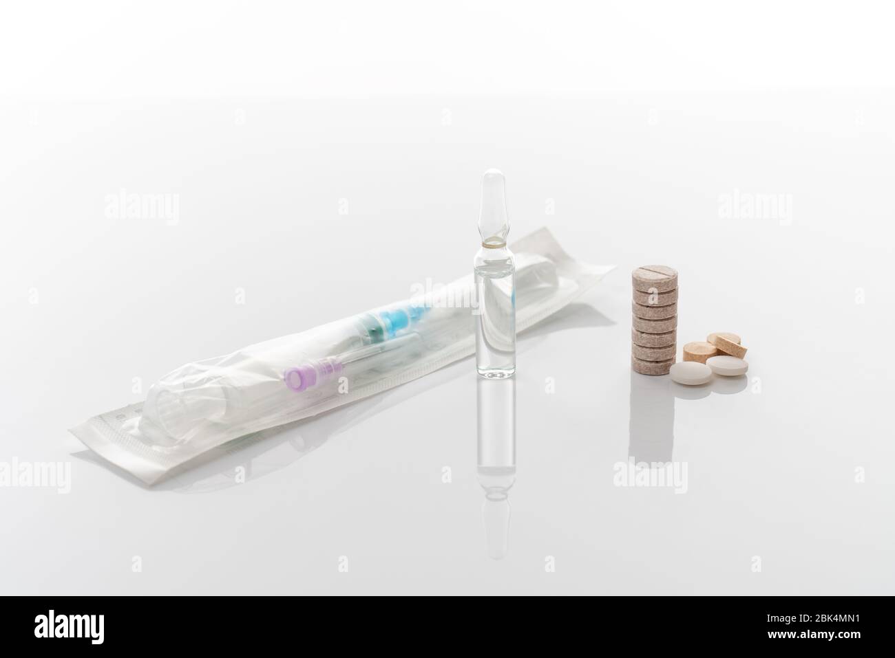 Tools to combat coronavirus, ampoule, pills and sirynge in plastic package Stock Photo