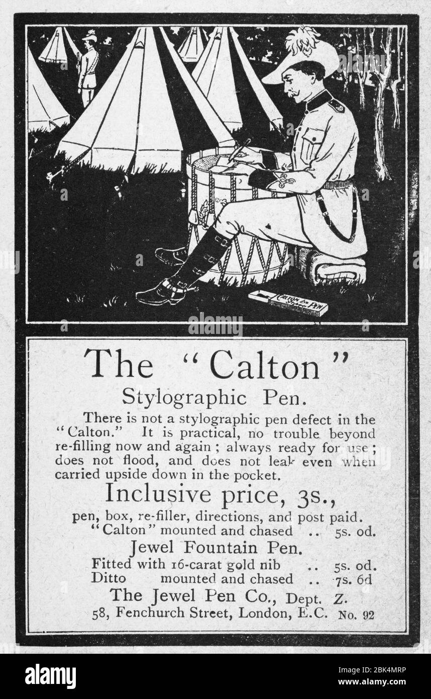 Old fountain pen advert from the early 1900's, before the dawn of advertising standards. History of advertising, old adverts, advertising history Stock Photo