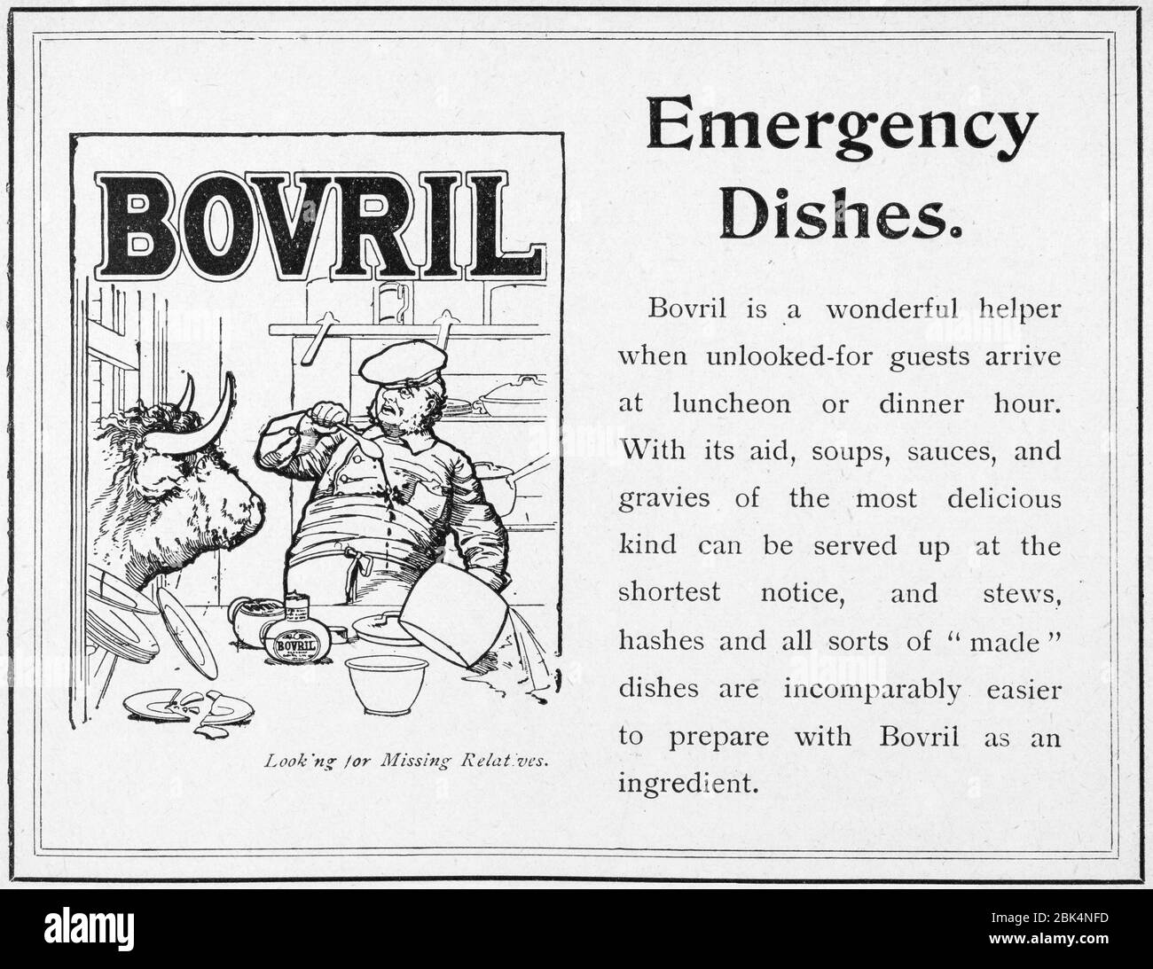 Old Victorian newsprint food Bovril advert from early 1900's, in the days before advertising standards. Old food advertising, old food product adverts Stock Photo