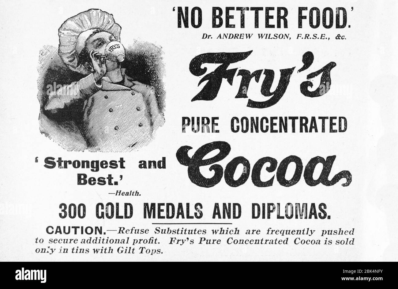 Old Victorian Fry's chocolate food advert from early 1900's, in the days before advertising standards. Old food advertising, old food product adverts. Stock Photo