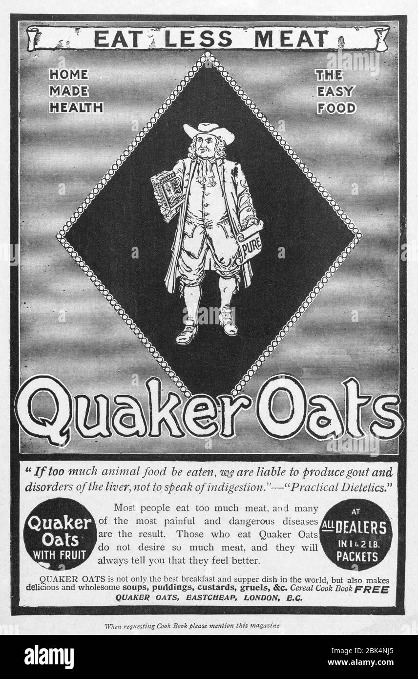 Old Victorian Quaker Oats food advert from early 1900's, in the days before advertising standards. Old food advertising, old food product adverts. Stock Photo