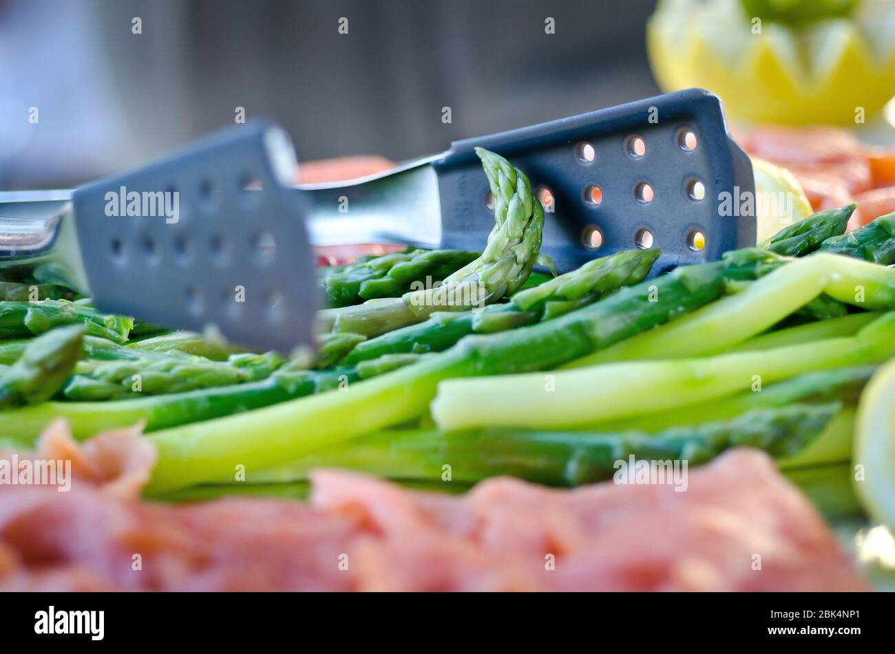 Cooked asparagus beautifully presented on a tray Stock Photo
