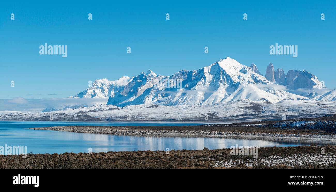 Panorama of the Torres del Paine mountain peaks in winter, Torres del Paine national park, Patagonia, Chile. Stock Photo