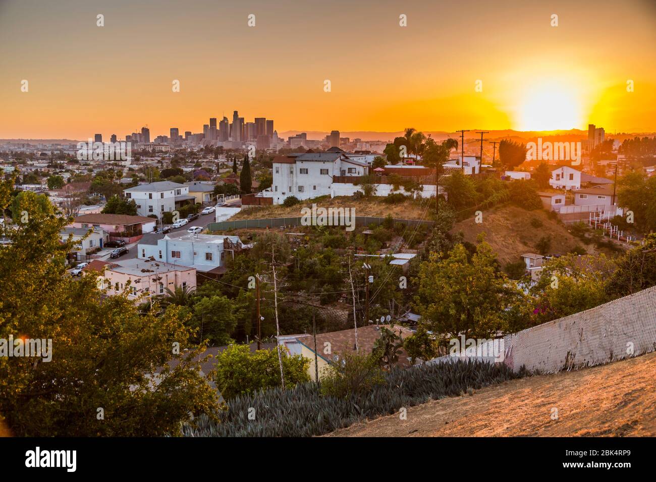 View of Downtown LA from suburbs at sunset, Los Angeles, California, United States of America, North America Stock Photo