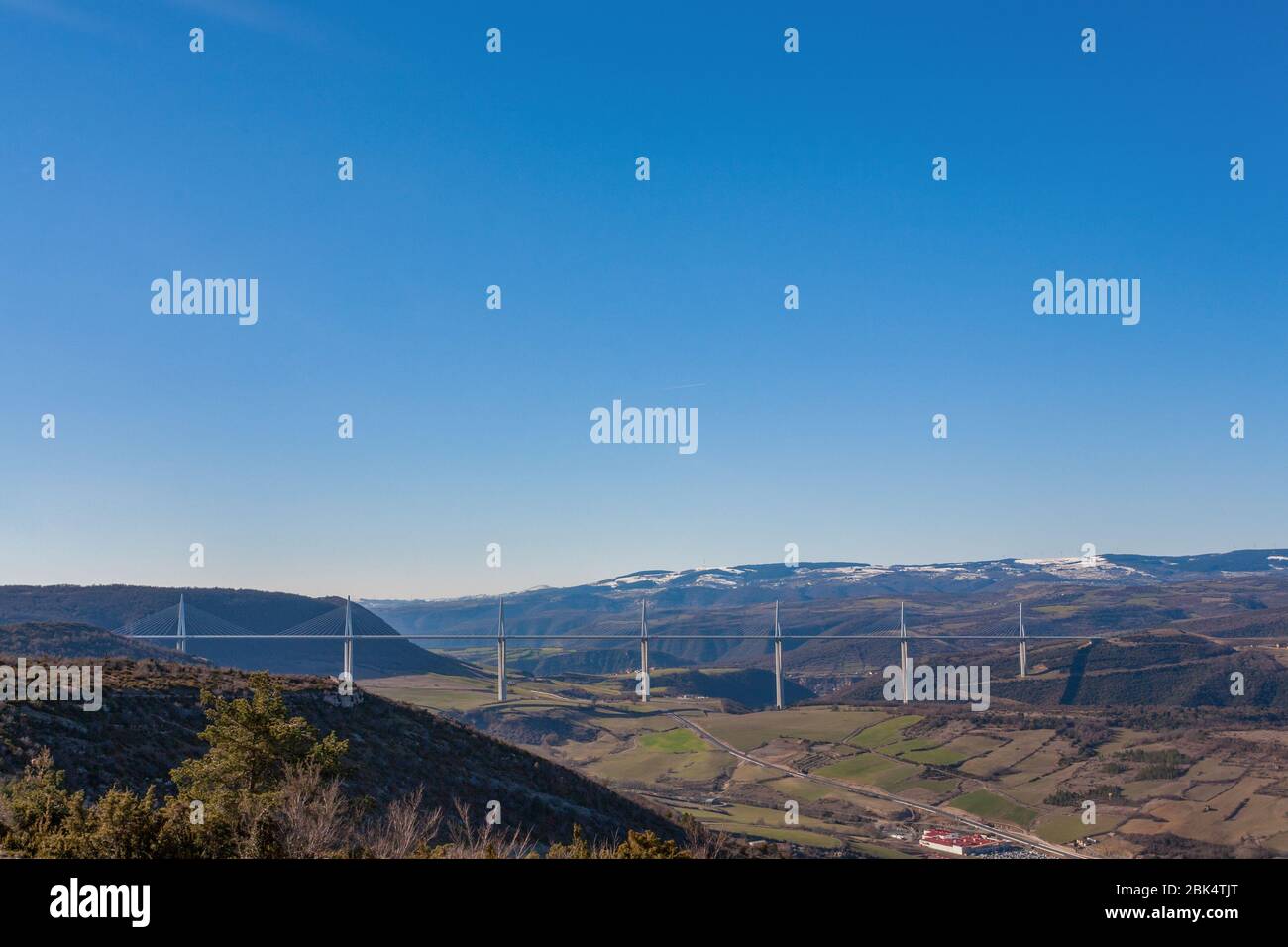 Full extend of the Millau Bridge in France on a blue sky day. Stock Photo