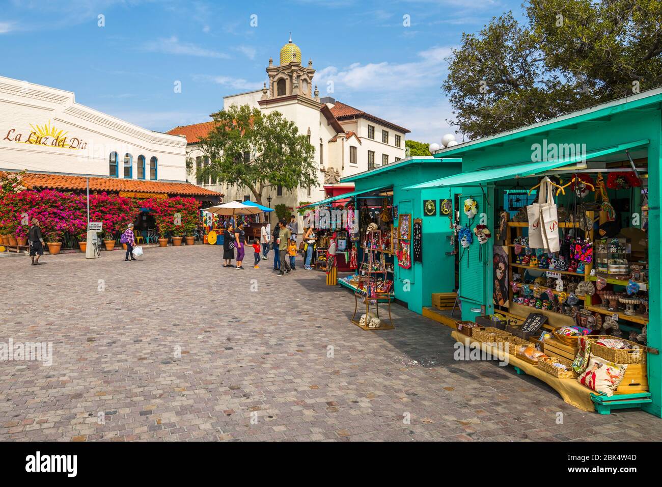 La Plaza Methodist Church and souvenir stalls in Old Plaza, Los Angeles, California, United