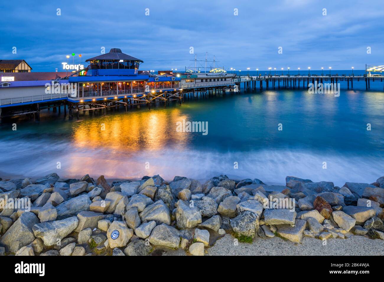 View of Redondo seafront pier at dusk, Los Angeles, California, United States of America, North America Stock Photo