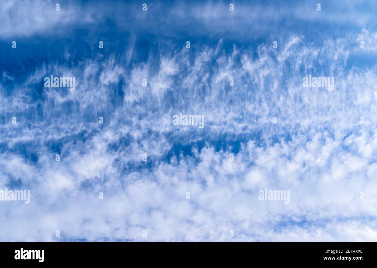 Stunning cirrus cloud formation panorama in a deep blue sky Stock Photo ...
