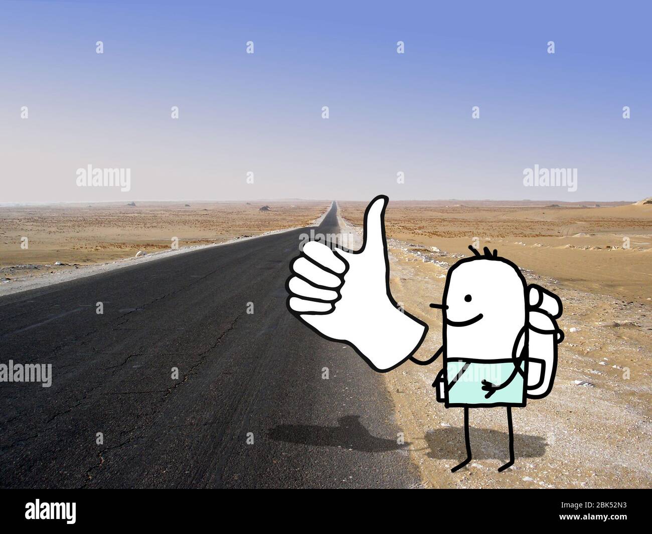 hand drawn Cartoon hitchhiker, alone on a desert road photo Stock Photo