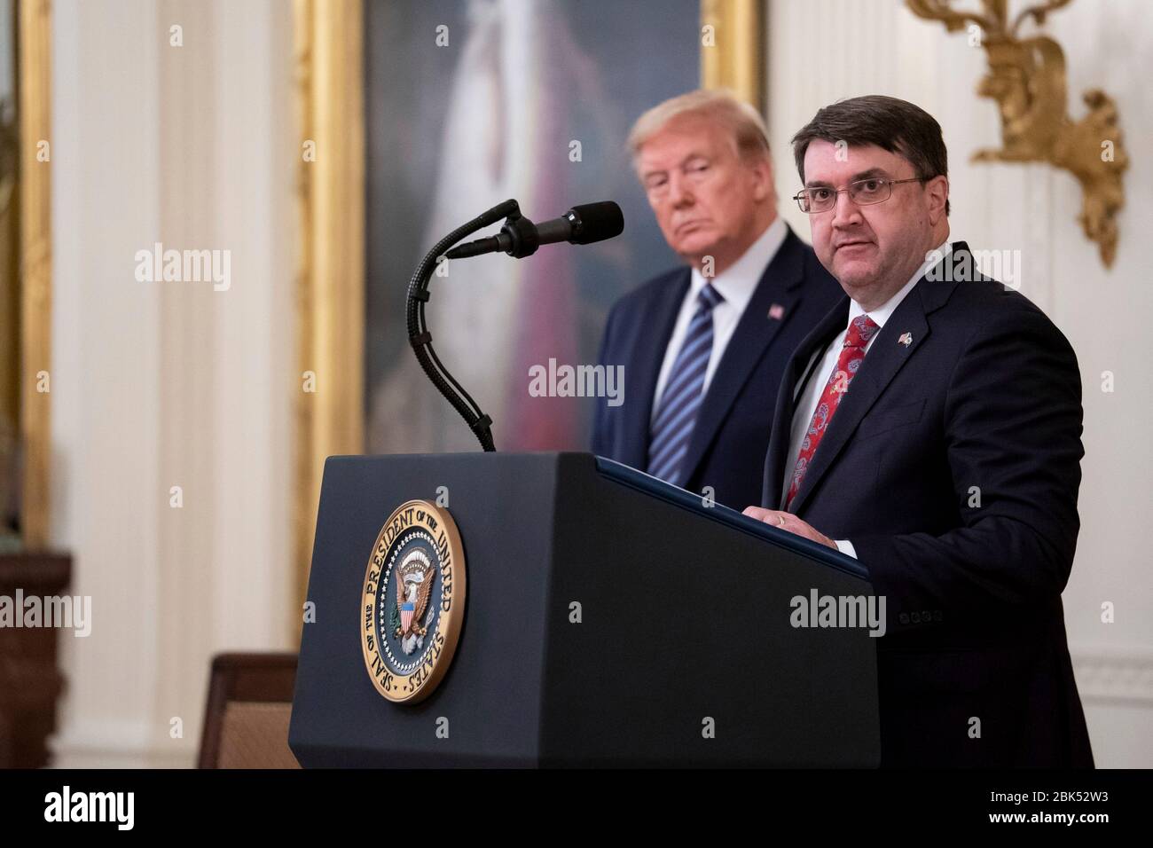 Washington, United States Of America. 30th Apr, 2020. Washington, United States of America. 30 April, 2020. U.S. President Donald Trump, listens as Secretary of Veterans Affairs Robert Wilkie addresses remarks at the protecting American Seniors event in the East Room of the White House April 30, 2020 in Washington, DC. Credit: Tia Dufour/White House Photo/Alamy Live News Stock Photo