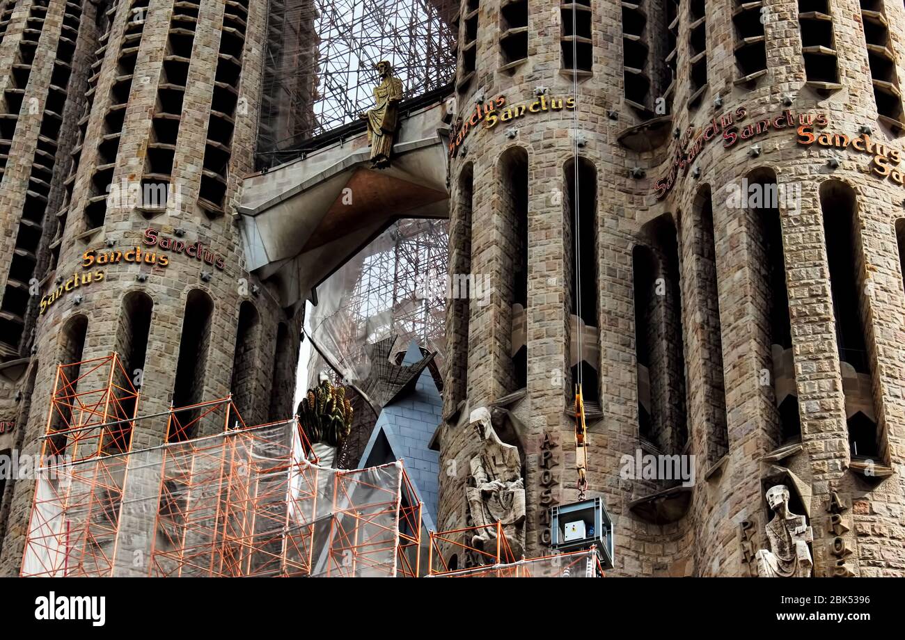 Details of Basílica de la Sagrada Família (Basilica of the Sacred Family) - famous architecture artwork by Antoni Gaudi. Barcelona, Catalonia, Spain. Stock Photo