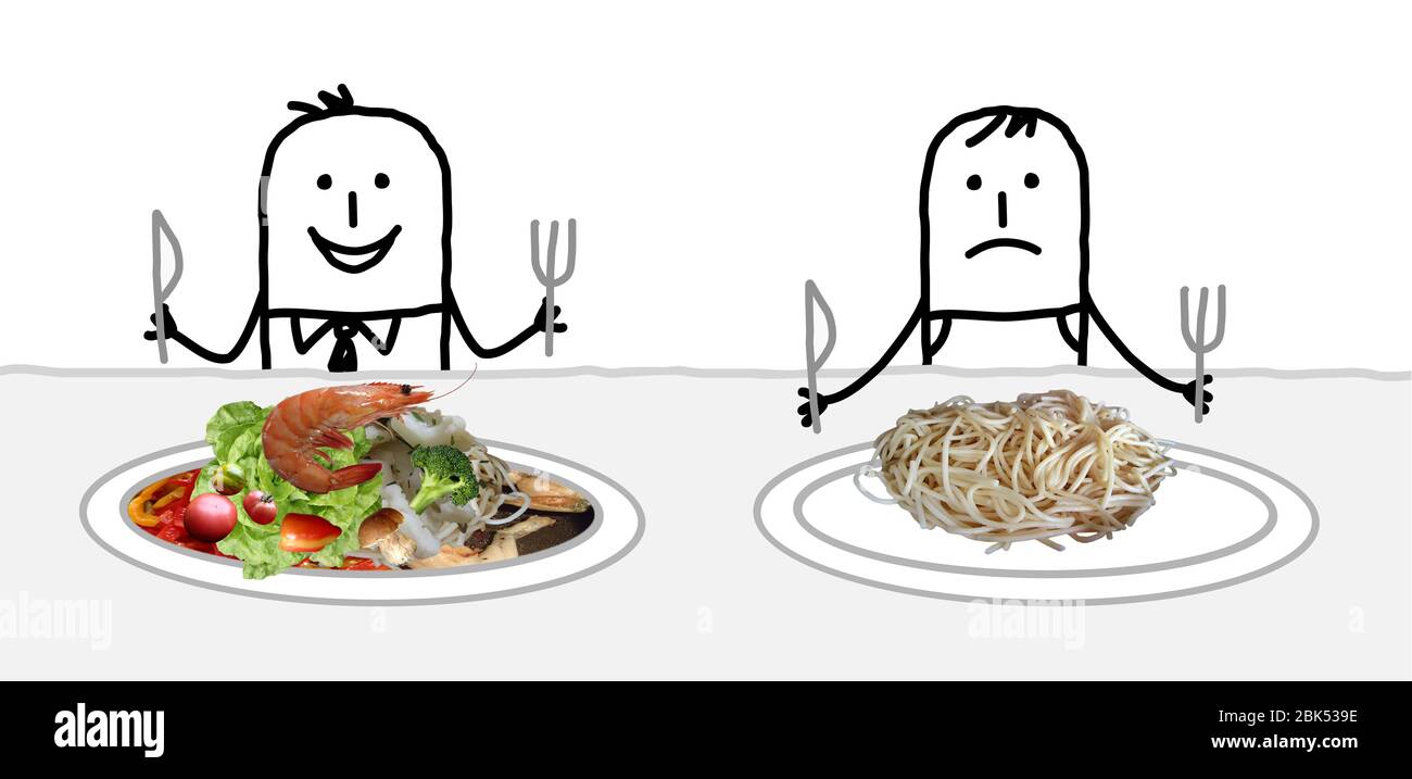 hand drawn Cartoon rich man with a plate full off good food, next to a poor one with only simple spaghetti Stock Photo