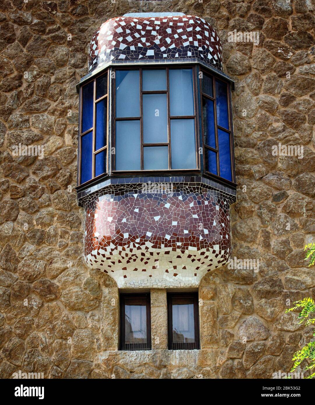 Architectural details of buildings in the Park Güell, located on Carmel Hill in Barcelona, Catalonia, Spain. Architect Antoni Gaudi. Stock Photo