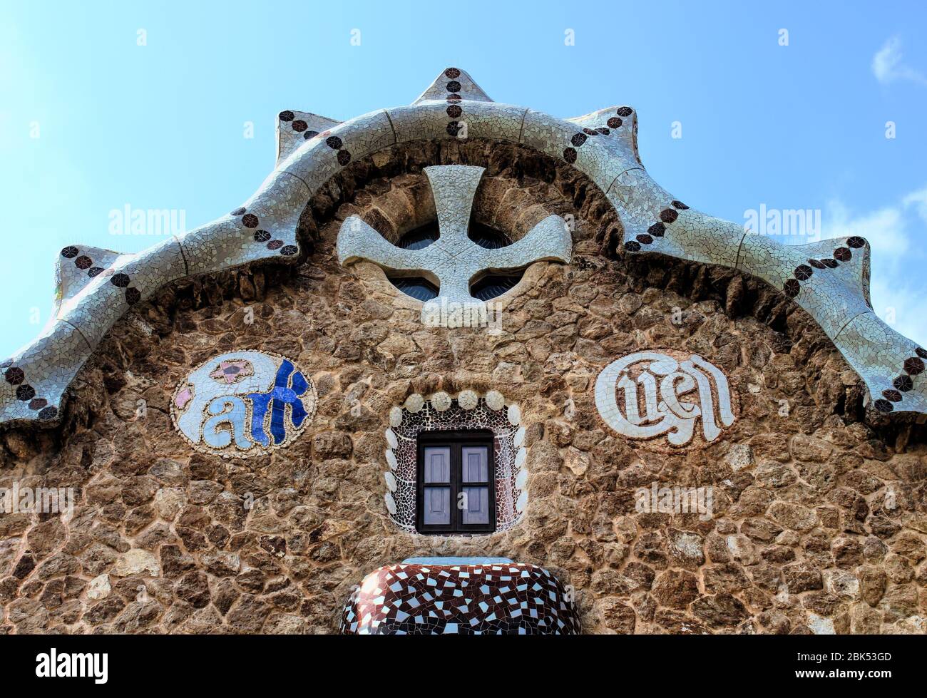 Architectural details of buildings in the Park Güell, located on Carmel Hill in Barcelona, Catalonia, Spain. Architect Antoni Gaudi. Stock Photo