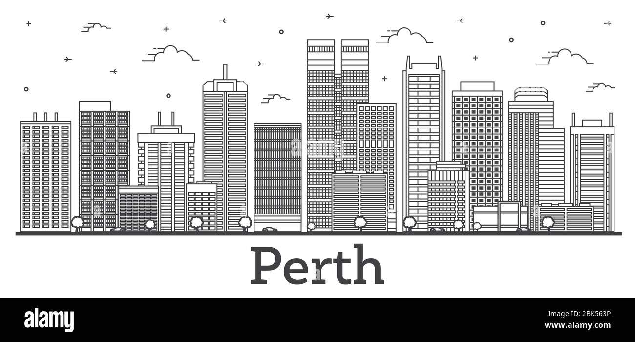 Outline Perth Australia City Skyline with Modern Buildings Isolated on White. Vector Illustration. Perth Cityscape with Landmarks. Stock Vector