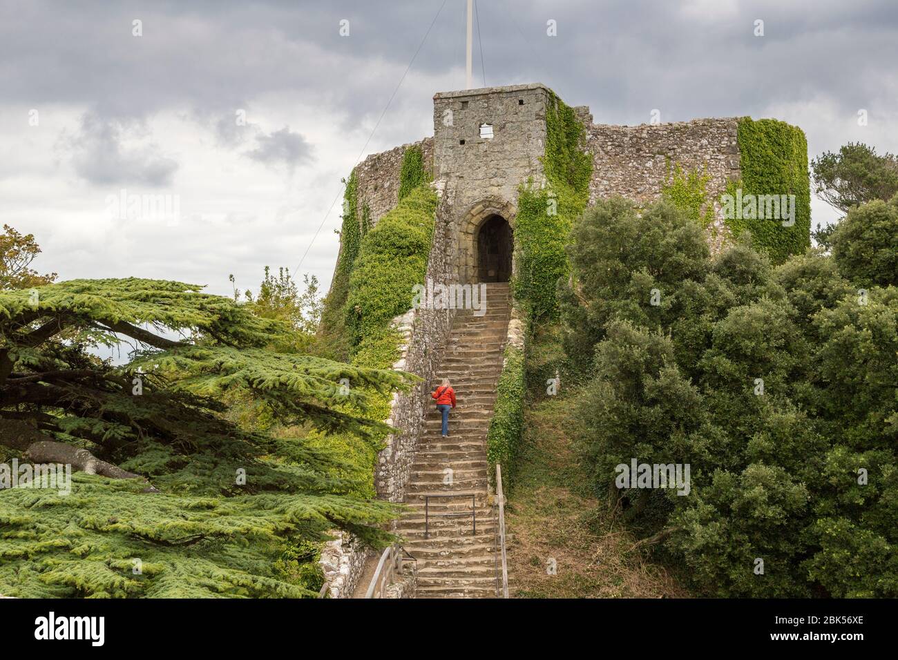 Steps up to motte and bailey castle at Carisbrooke, Castle, Isle of Wight, UK Stock Photo